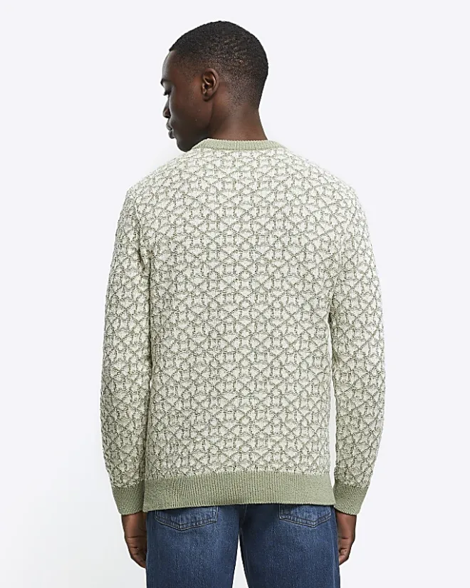 River Island slim fit jacquard crew jumper Green Hot