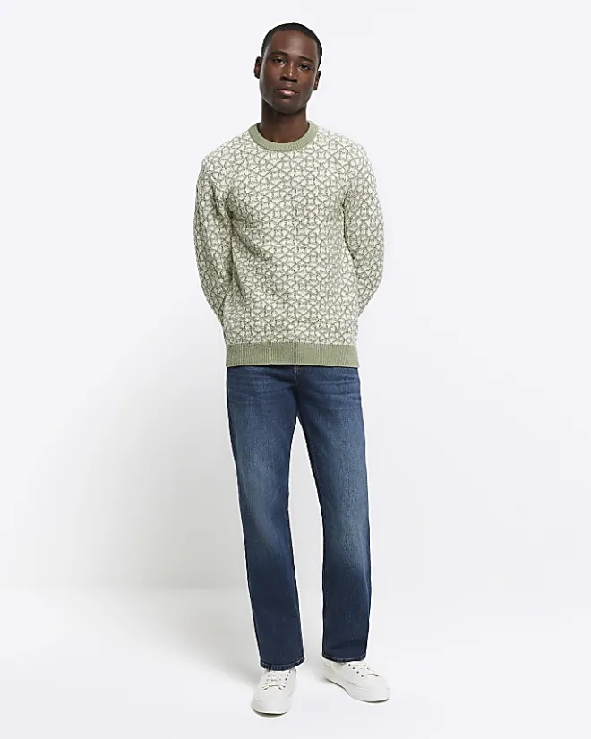 River Island slim fit jacquard crew jumper Green Hot