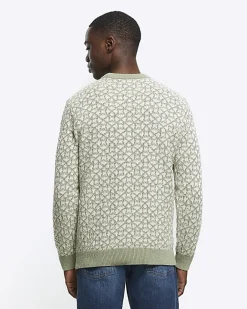 River Island slim fit jacquard crew jumper Green Hot