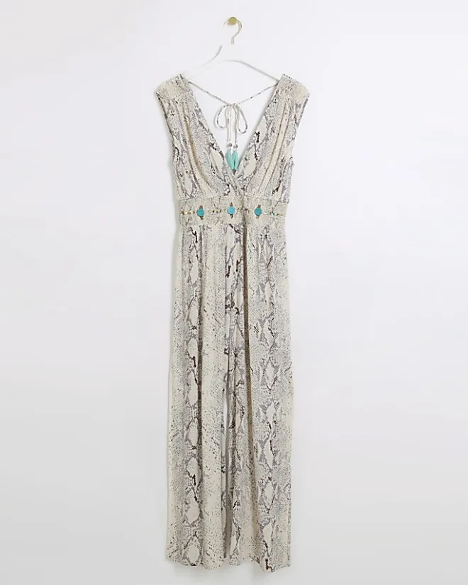 River Island animal print plunge jumpsuit Grey Outlet