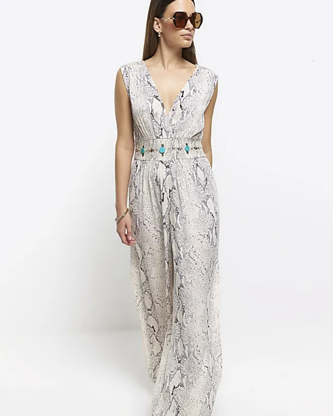River Island animal print plunge jumpsuit Grey Outlet