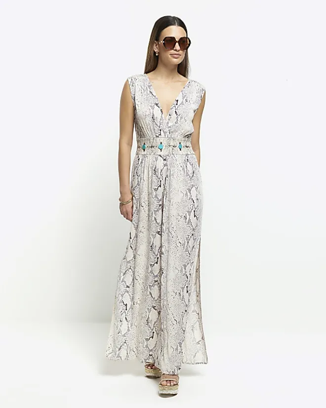 River Island animal print plunge jumpsuit Grey Outlet