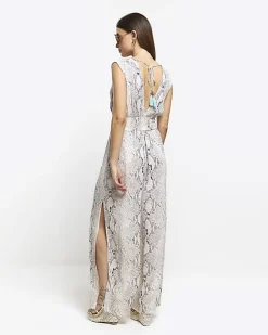 River Island animal print plunge jumpsuit Grey Outlet