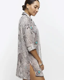 River Island animal print sheer beach shirt Grey Clearance