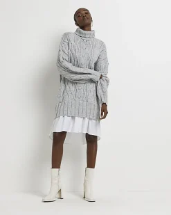River Island cable knit mini jumper shirt dress Grey Best