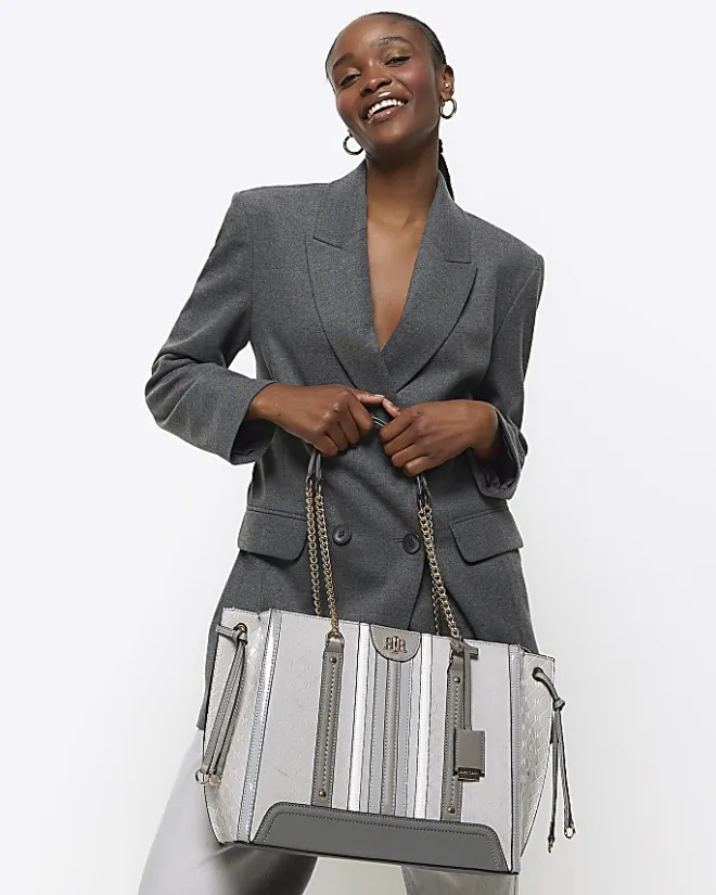 River Island embossed monogram chain tote bag Grey Hot