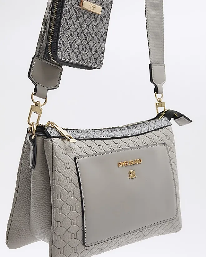 River Island embossed RI cross body bag Grey Sale