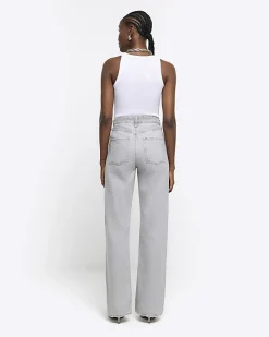 River Island faded high waist relaxed straight jeans Grey New
