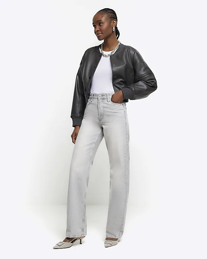 River Island faded high waist relaxed straight jeans Grey New