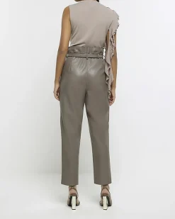 River Island faux leather belted paperbag trousers Grey Sale