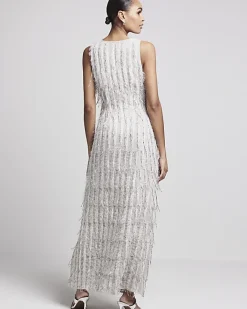 River Island fringe embellished bodycon maxi dress Grey New