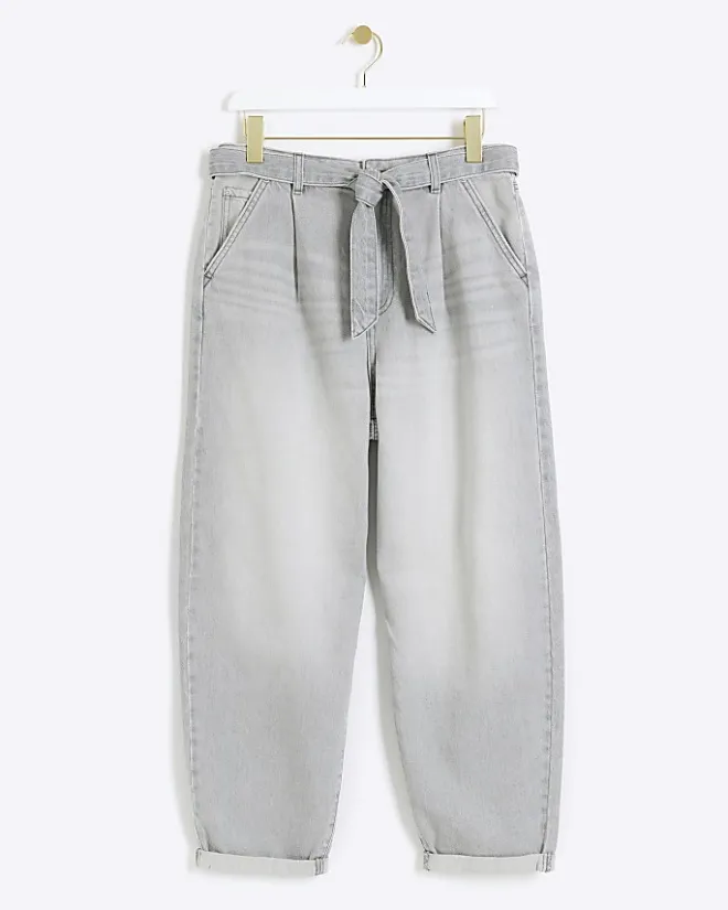 River Island high waisted belted tapered jeans Grey Outlet
