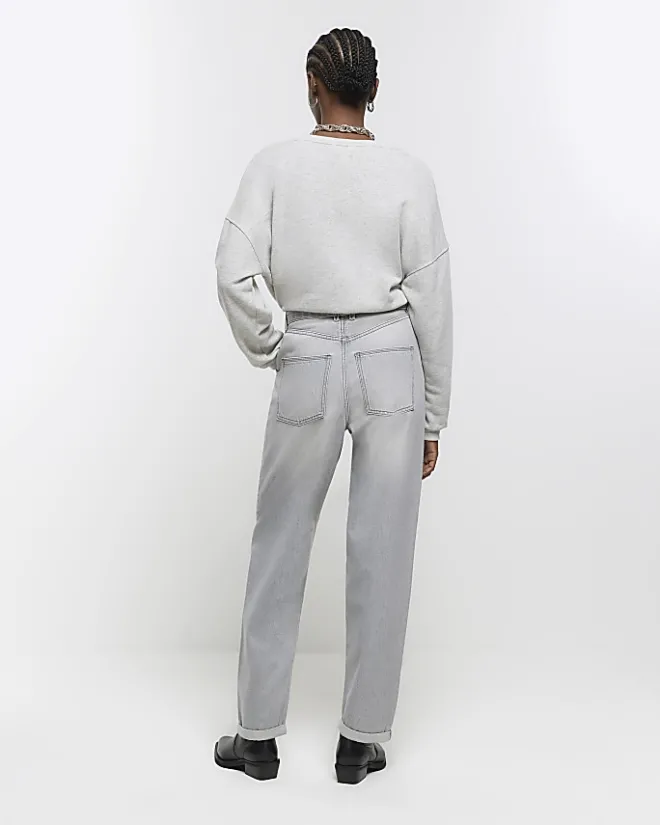River Island high waisted belted tapered jeans Grey Outlet