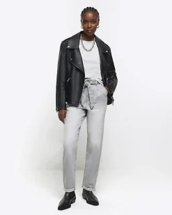 River Island high waisted belted tapered jeans Grey Outlet