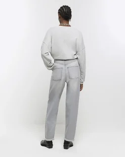 River Island high waisted belted tapered jeans Grey Outlet