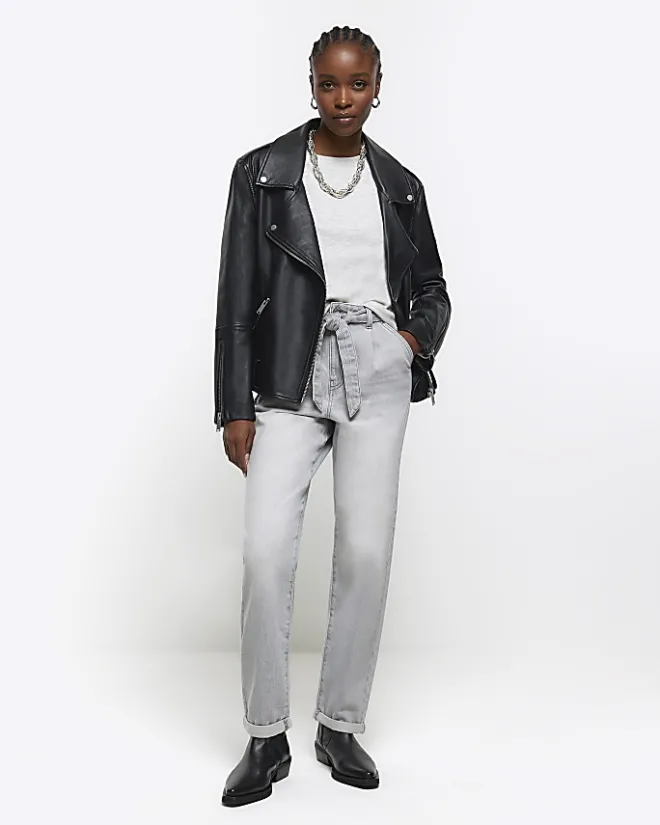 River Island high waisted belted tapered jeans Grey Outlet