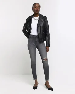 River Island high waisted bum sculpt ripped jeggings Grey New