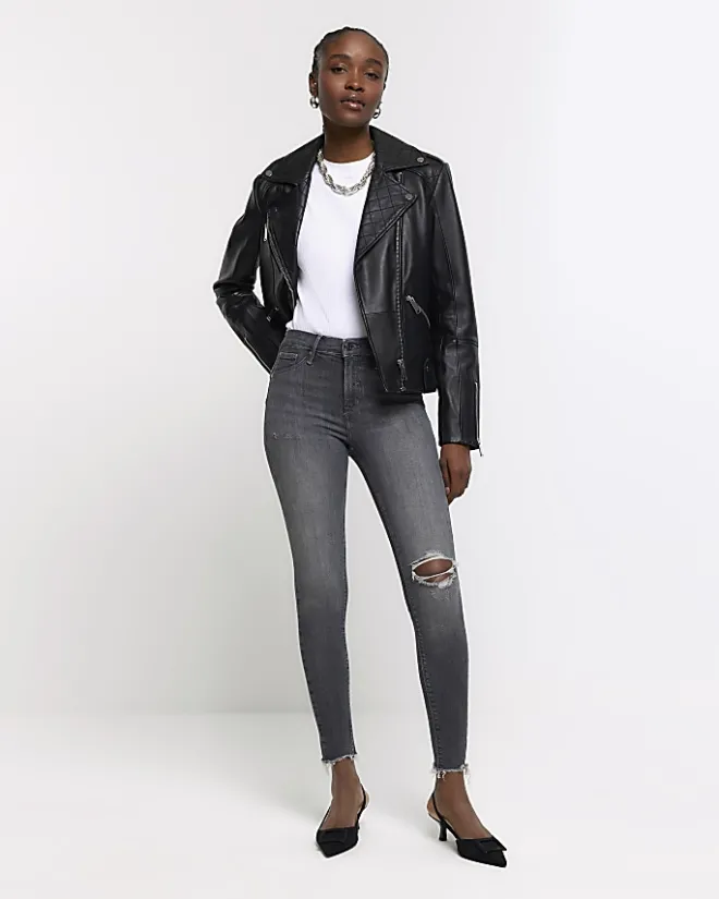 River Island high waisted bum sculpt ripped jeggings Grey New