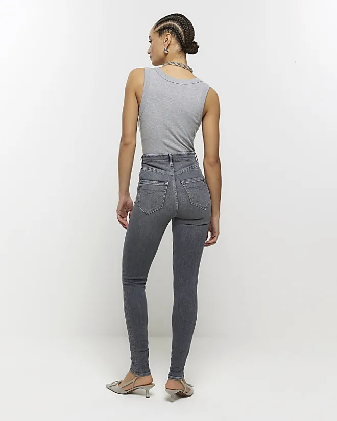 River Island high waisted bum sculpt skinny jeans Grey Clearance