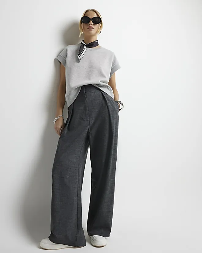River Island high waisted wide leg trousers Grey Outlet