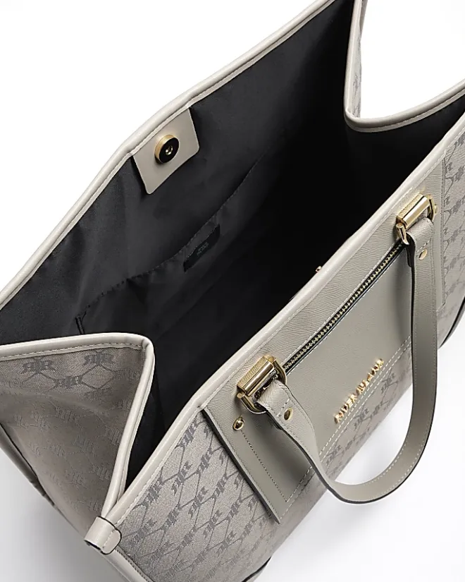 River Island jacquard monogram shopper bag Grey Discount