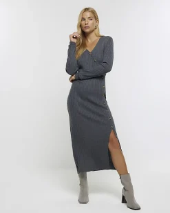 River Island knit bodycon midi dress Grey Sale