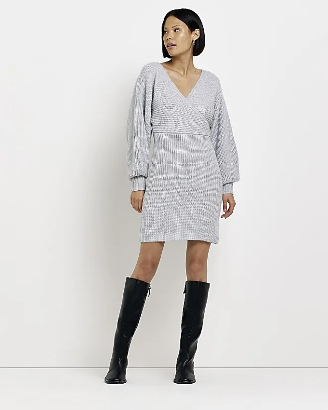 River Island knit long sleeve jumper mini dress Grey Best