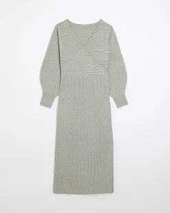 River Island knit wrap jumper midi dress Grey Sale