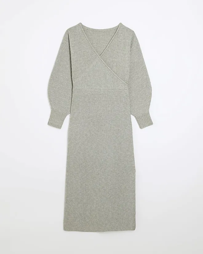 River Island knit wrap jumper midi dress Grey Sale