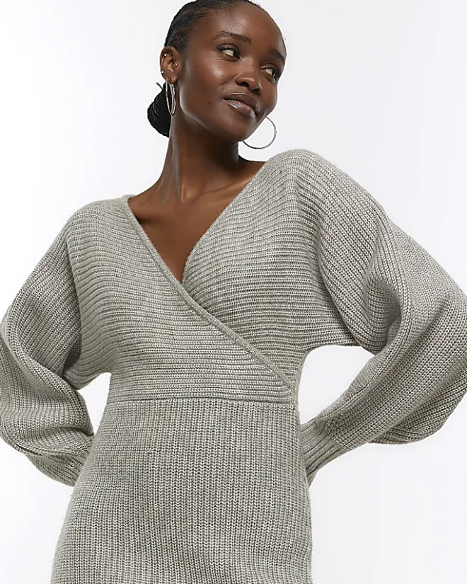 River Island knit wrap jumper midi dress Grey Sale