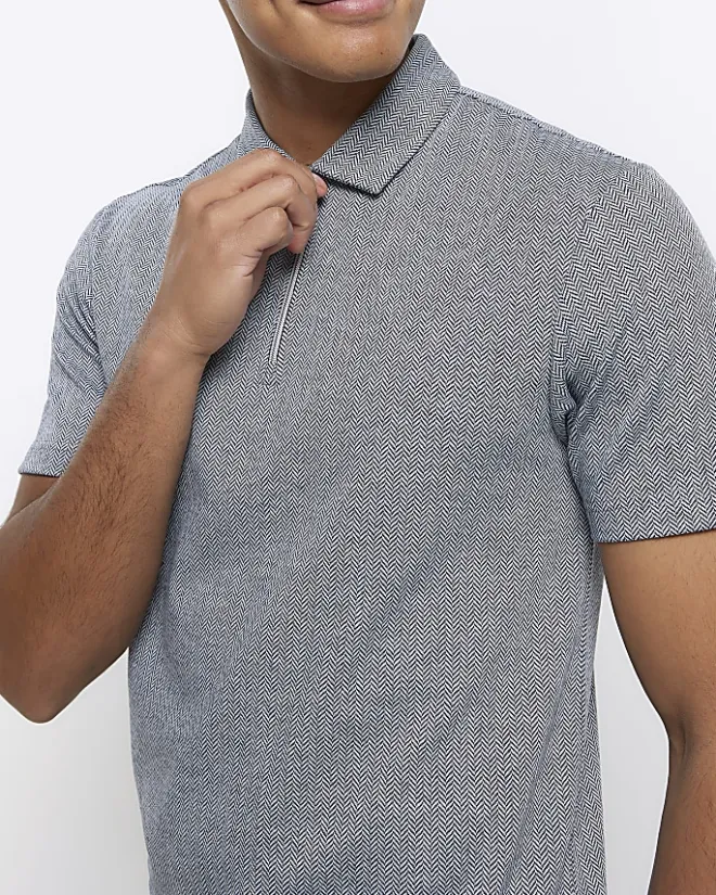 River Island regular fit Herringbone half zip polo Grey New