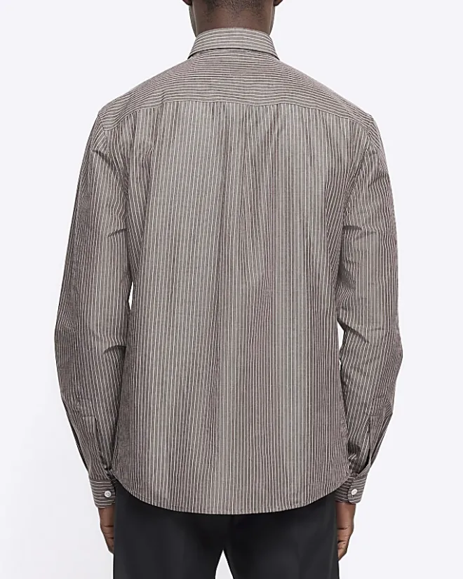 River Island Grey regular fit stripe long sleeve shirt Brown Clearance