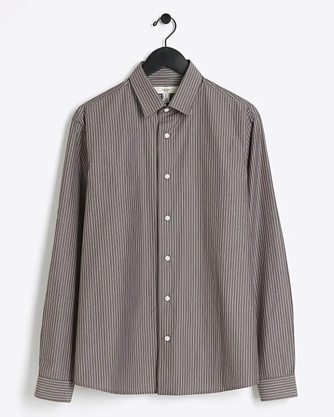 River Island Grey regular fit stripe long sleeve shirt Brown Clearance