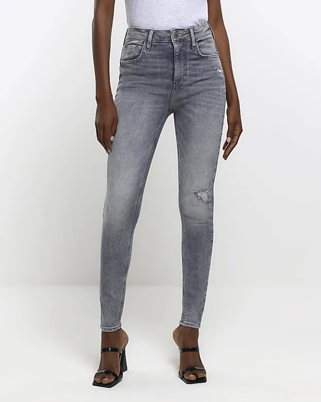 River Island ripped high waisted super skinny jeans Grey Discount