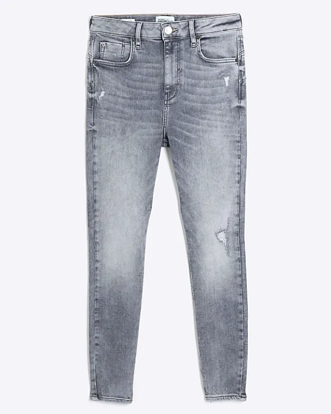 River Island ripped high waisted super skinny jeans Grey Discount