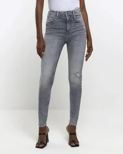 River Island ripped high waisted super skinny jeans Grey Discount