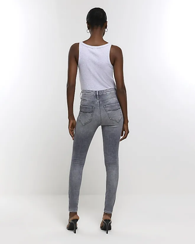 River Island ripped high waisted super skinny jeans Grey Discount