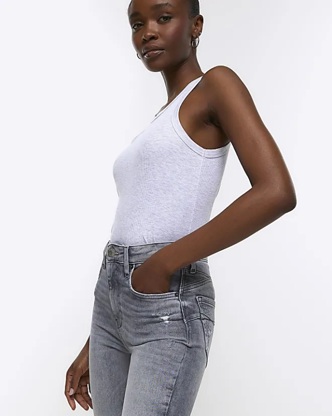 River Island ripped high waisted super skinny jeans Grey Discount