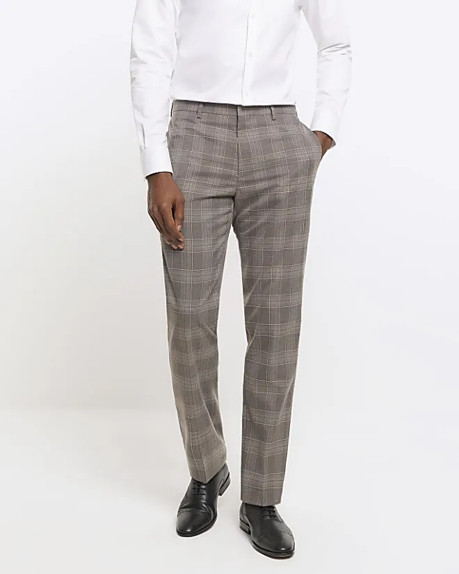 River Island slim fit check suit trousers Grey New
