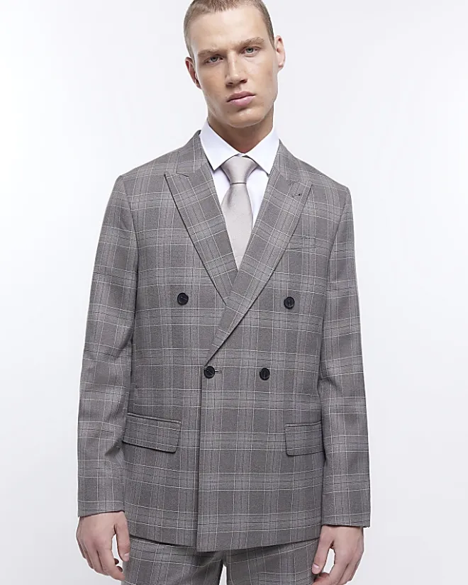 River Island slim fit check suit jacket Grey Best