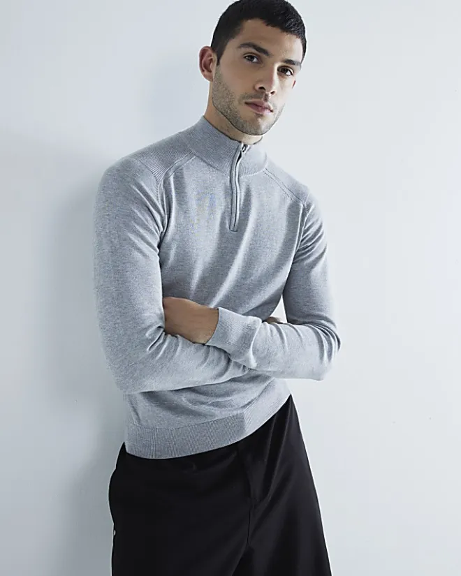 River Island slim fit half zip jumper Grey Sale