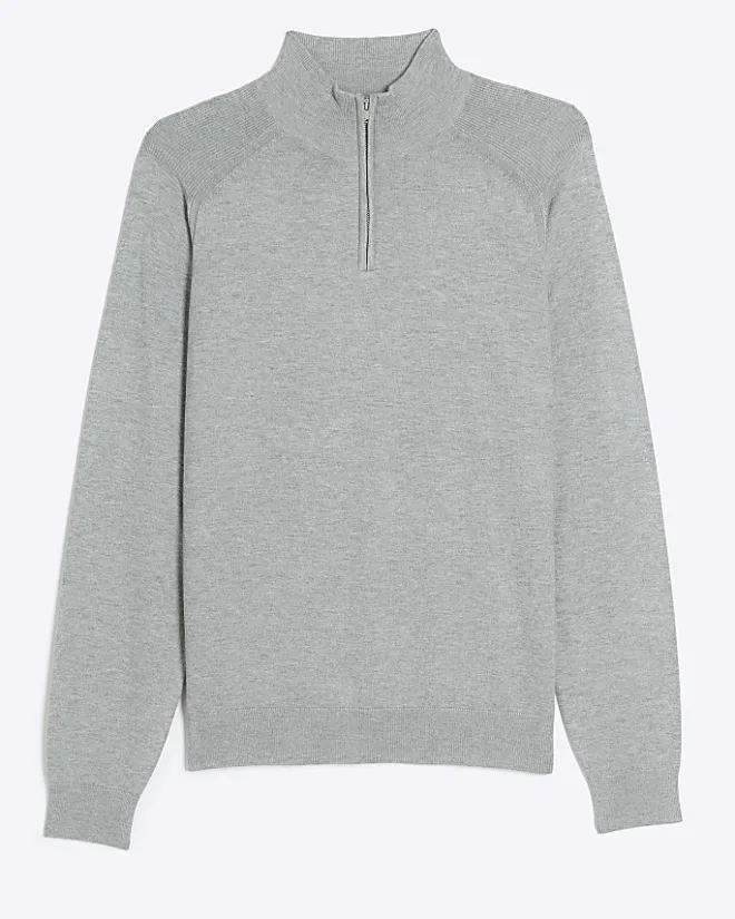 River Island slim fit half zip jumper Grey Sale