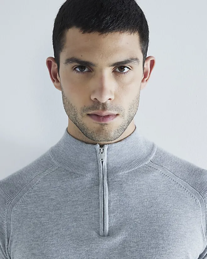 River Island slim fit half zip jumper Grey Sale