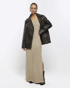 River Island split hem bodycon maxi dress Grey Hot