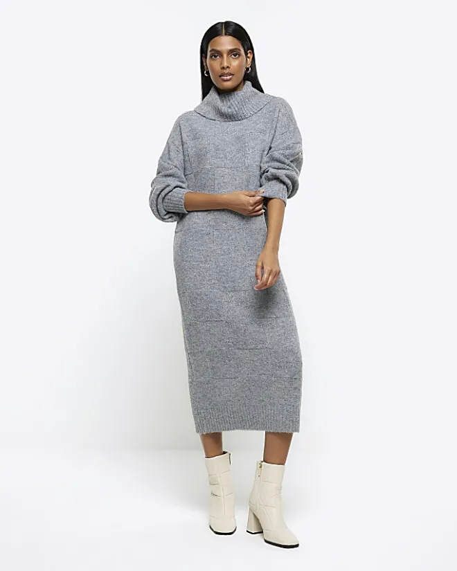 River Island textured roll neck jumper midi dress Grey Best