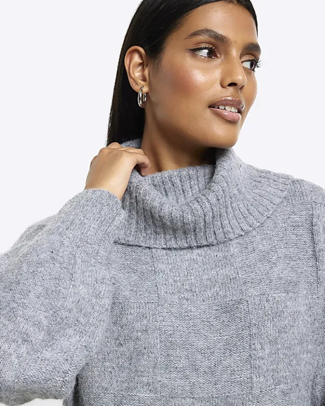River Island textured roll neck jumper midi dress Grey Best