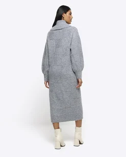 River Island textured roll neck jumper midi dress Grey Best
