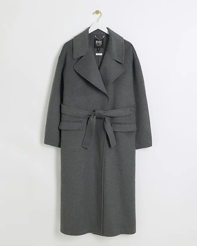River Island wool blend belted coat Grey Fashion