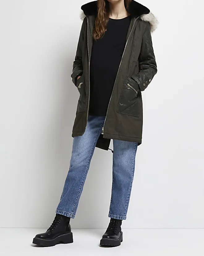 River Island 3 in 1 maternity hooded parka coat Khaki Clearance