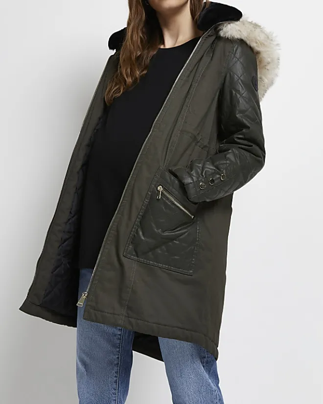 River Island 3 in 1 maternity hooded parka coat Khaki Clearance